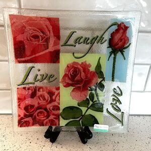 Peggy Karr 10" Square Plate Platter Live Love Laugh Rose Fused Art Glass RARE